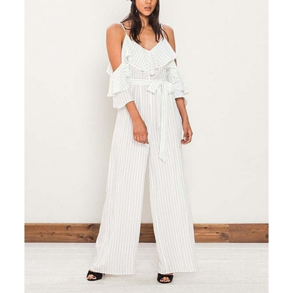 Striped ruffle cold shoulder jumpsuit - Picture 2 of 3